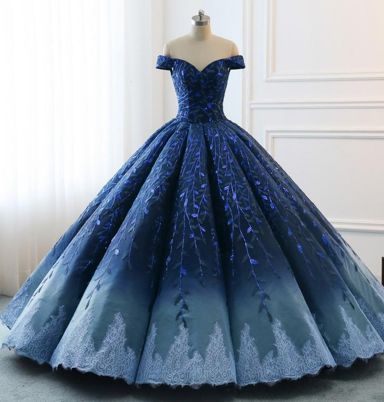 High Quality 2021 Modest Prom Dresses Ombre Royal Blue Wedding Evening Dress Gradient Blue Shade Sequin Women Formal Party Gown Bride Gown,pl2101