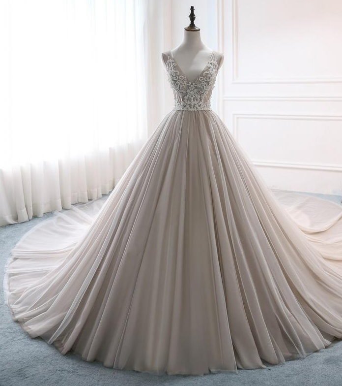 Dress Large Skirt Elegant V-neck Bridal Gowns Beads Embroidery Lace Flowers Wedding Dresses Long 1.5m Train,pl2105