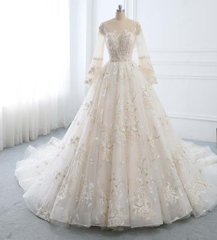 Wedding Dress Long Sleeve A-line Wedding Dress Lace,bridal Dress Gold Lace,wedding Dresses White Ball Gown,wedding Dress With Train,pl2109