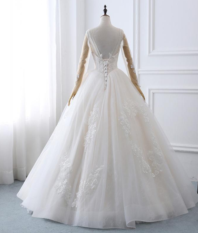 Wedding Dress Lace Embroidery Bridal Gown Floral V-neck Beaded Wedding ...