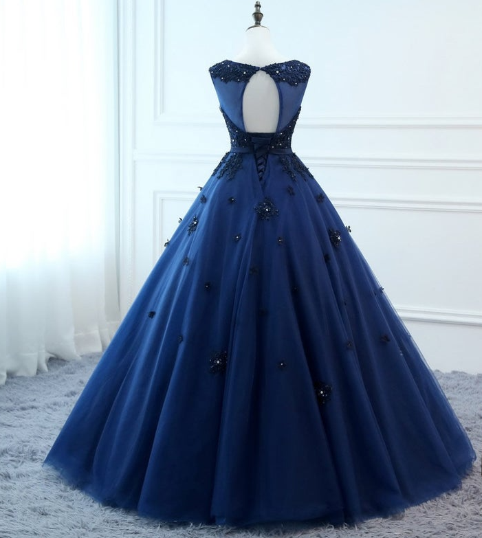 Prom Dresses Navy Blue Long Ball Gown Evening Dresses Backless Tulle ...