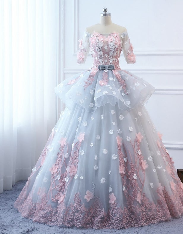 Custom Women Pink Flowers Prom Dress Ball Gown Long Quinceanera Dress Floral Flowers Masquerade Prom Dress Wedding Bride Gown Illusion