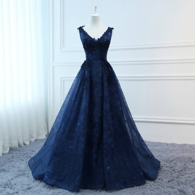 Prom Dresses Long Navy Blue Evening Dresses Foral Tulle Dress Women Formal Party Gown Fashionable Bride Gown Quality Made Corset Back,pl2135