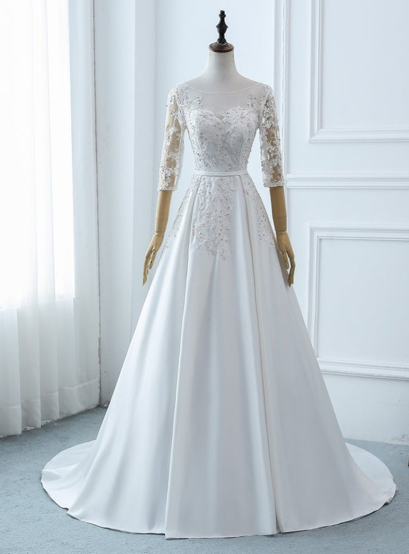 Wedding Dress Lace Long , A-line Wedding Dress , White Crystal Bridal Dress With 3/4 Sleeve , Satin Bridemaids Dresses Elegant Ball Gown,pl2137
