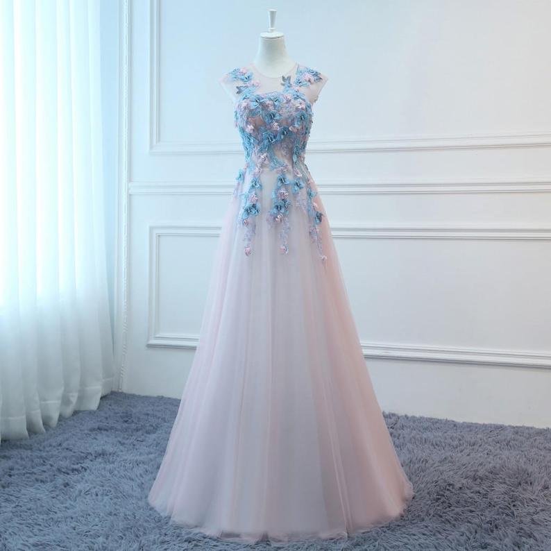 2021 Prom Dresses Long Pink&blue Butterfly Evening Dress Floral Tulle Dress Women Formal Party Gown Fashionable Bride Gown Corset