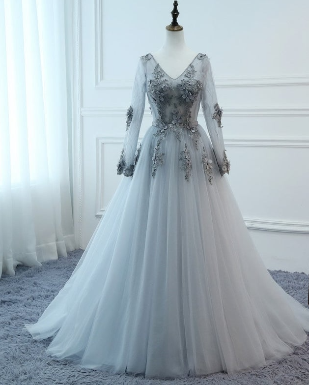 Prom Dresses Long Gray Long Sleeve Dress Evening Dresses Floral Tulle Appliques Dress A-line Women Formal Party Gown Fashionable Bride