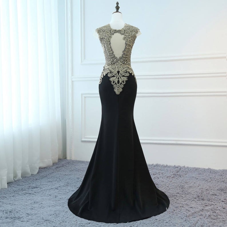 Prom Dresses Long Black Evening Dresses Gold Lace Dress Women Formal ...