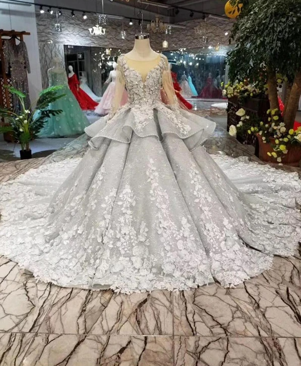 Chic Long Sleeves Grey Lace See Through Ball Gown Bridal Wedding Dresses Quinceanera Dress ,pl2168