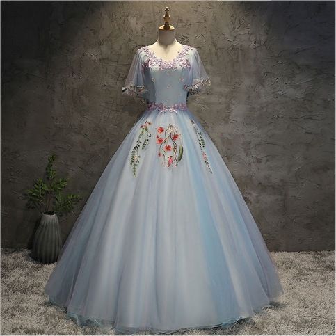 Off Shoulder Party Dress Blue Prom Dress V-neck Ball Gown With Embroidered,pl2229
