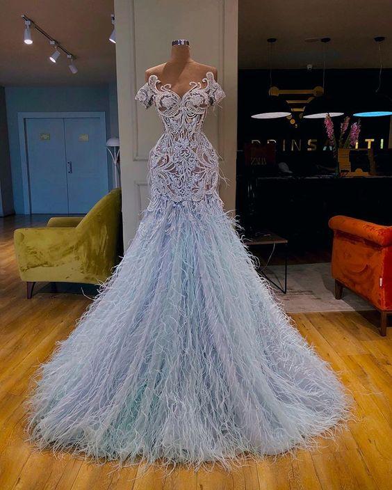 Light Blue Luxury Prom Dresses Feather Lace Applique Real Photo Vintage Prom Gown,pl2244
