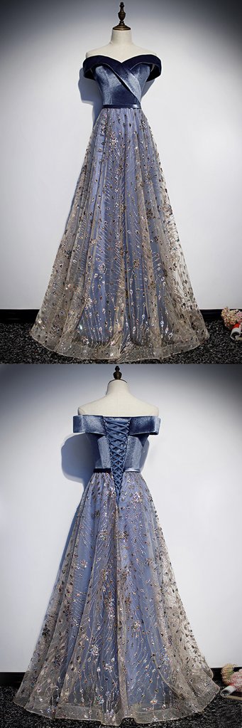 Deep Blue Satin Long Tulle A Line Off Shoulder Prom Dress, Evening Dress,pl2249