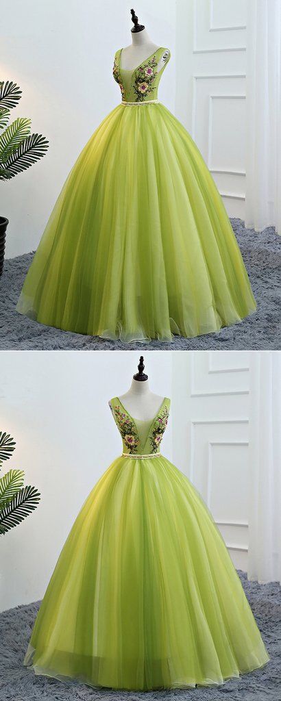 Fresh Green Tulle V Neck Long Lace Up Senior Prom Dress With Applique,pl2269