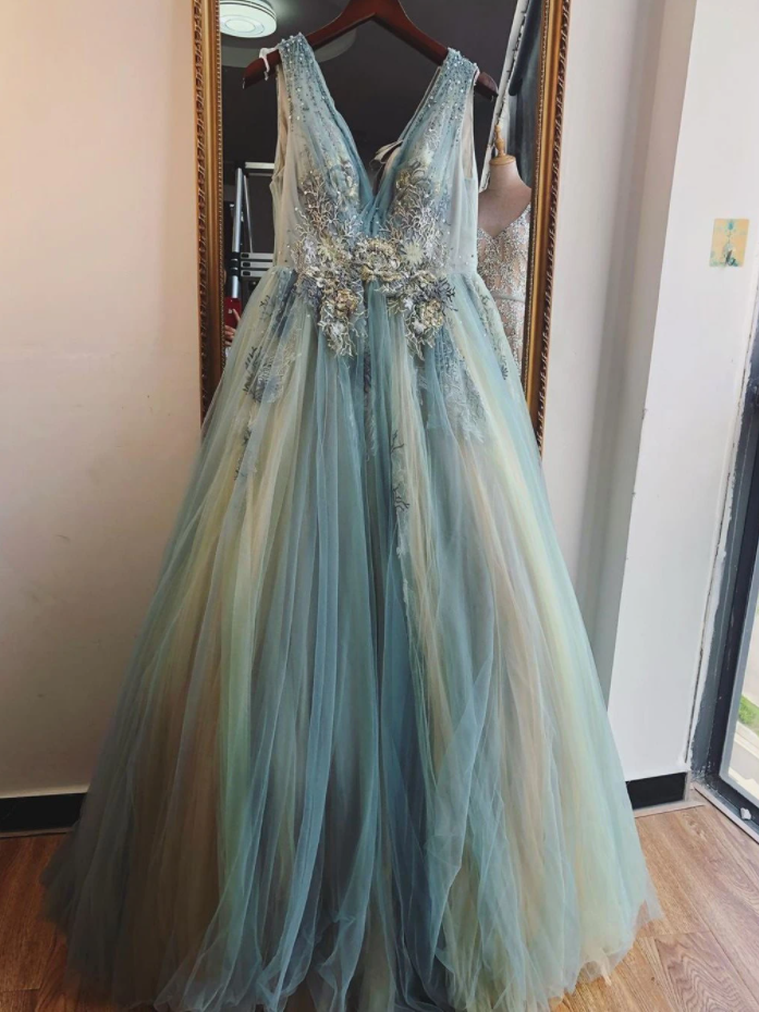 A-line V Neck Ombre Blue Long Prom Dresses Beautiful Applique Evening Dress,pl2319
