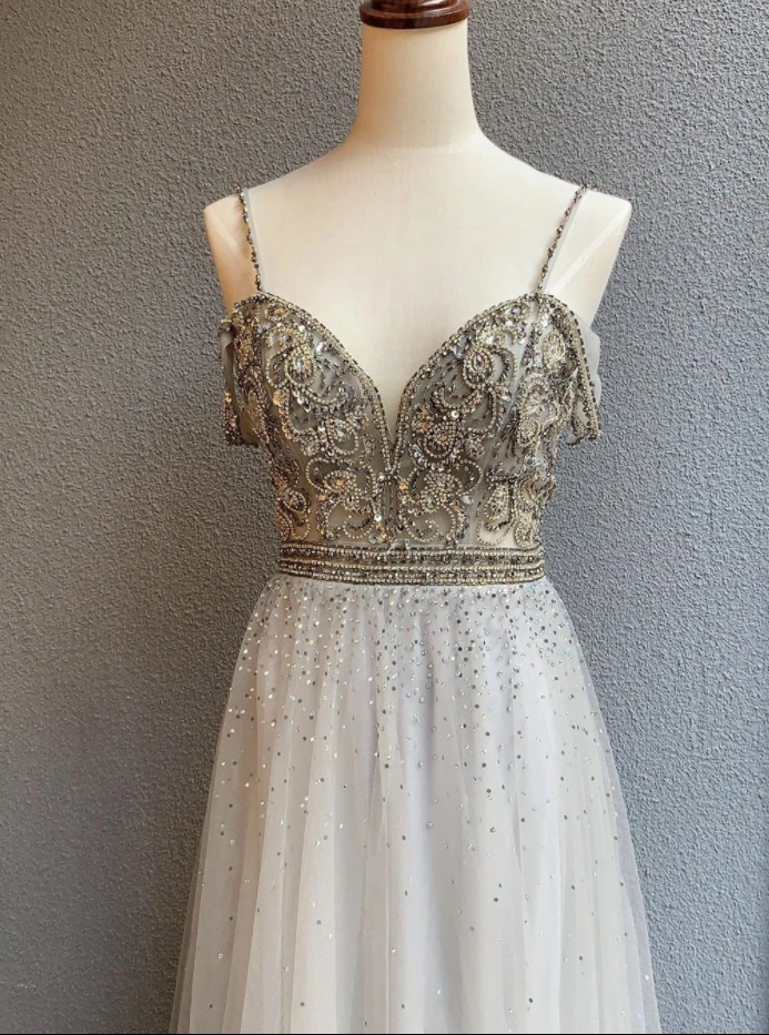 A-line Spaghetti Straps Silver Long Prom Dresses Beaded Evening Dress,pl2321