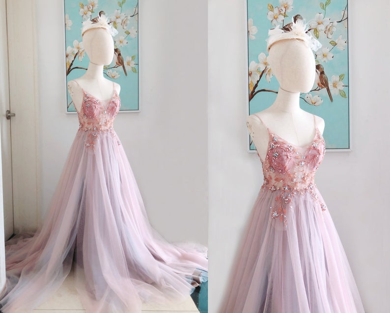 Tulle Pink Prom Dress With Slit Tulle Spaghetti Strap Jewelry Tulle Prom/evening Dress Christmas Dress Birthday Pink Prom Dress ,pl2326