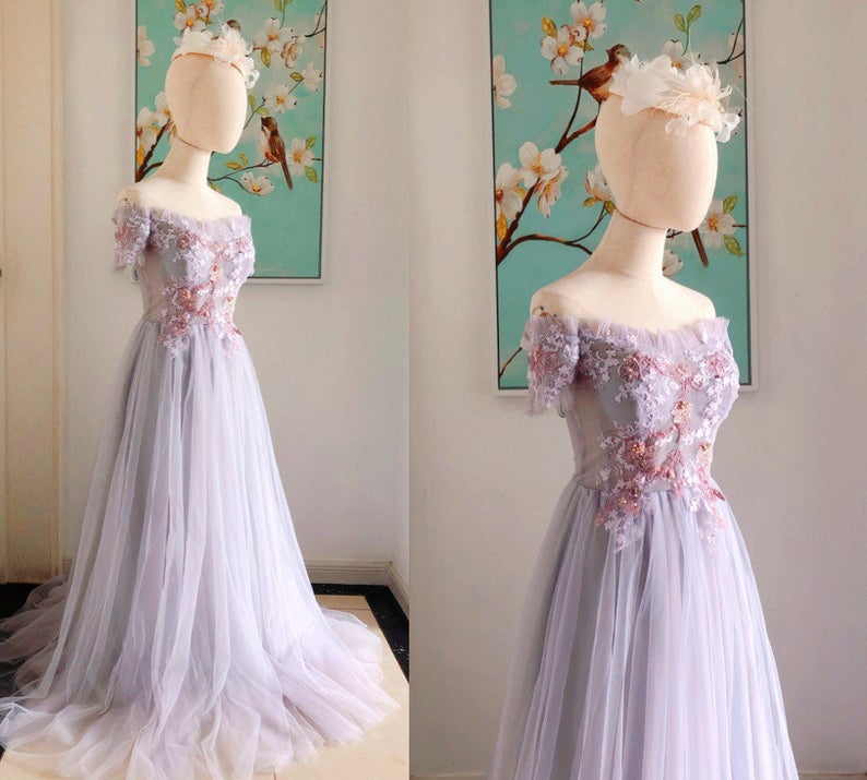 Off Shoulder Tulle Lilac Bridesmaid Dresses With Sleeves,off Shoulder Tulle Wedding Dresses,off Shoulder Tulle Prom Dress With Sleeves,pl2327
