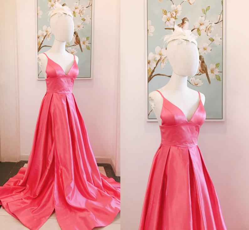 V Neck High Slit Long Satin Prom Dress,low Back Thin Straps Evening Gowns,women Formal Evening Dresses,fuchsia Simple Satin Bridesmaid