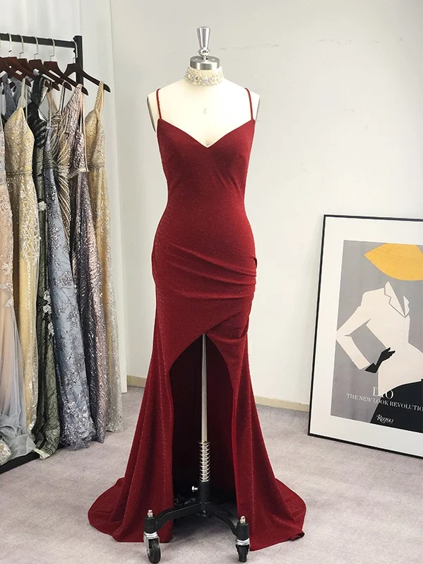 Spaghetti Straps V-neck Ruched Sweep Train Dress Terracotta