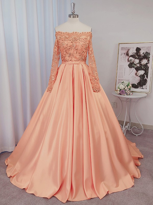 Ball Gown Satin Long Sleeves Beading Off-the-shoulder Court Train Dresses,pl2352