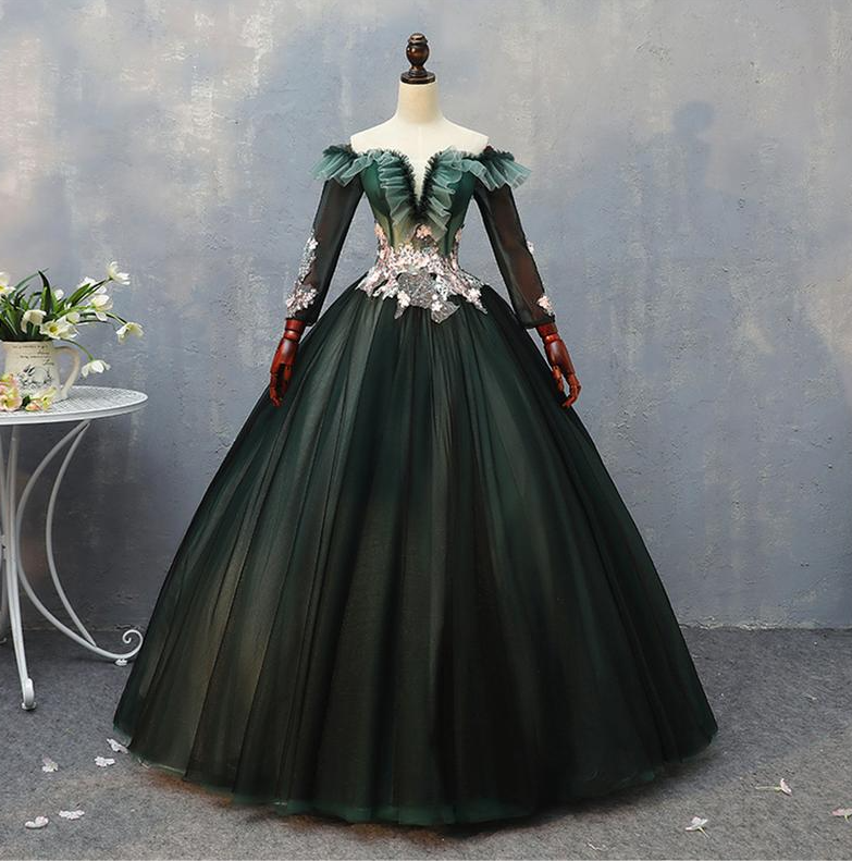 Vintage Dark Green Banquet Dress Palace Style Prom Dress Long Illusion Sleeve Dress Luxury Off Shoulder Dress Gorgeous Party Dress Ball