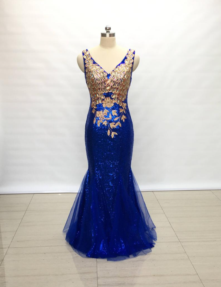 Mermaid V Neck Cutout Royal Blue Beaded Long Prom Dresses VK24010603
