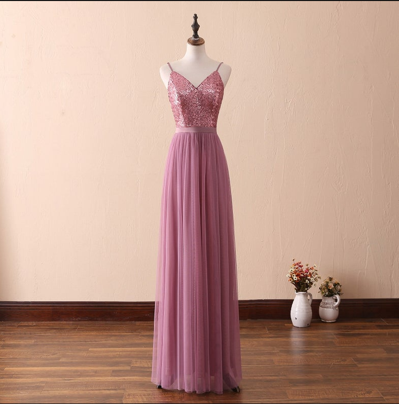 Sparkling Sequined Prom Dress Long,sexy Spaghetti V-neck Evening Dress With Low Back,purple Formal Party Dress,bridesmaid Dress Tulle,pl2382