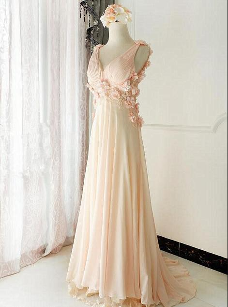 Charming Light Pink V Neck Court Train Long Party Dress, Long Chiffon Prom Dress,pl2409