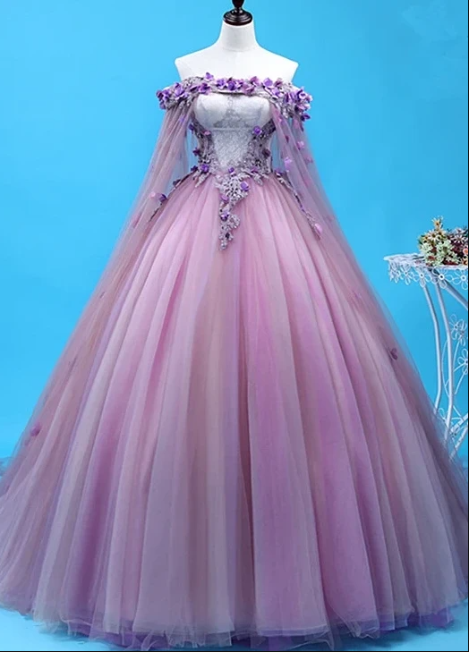 Light Purple Tulle Long Sweet 16 Gown, Flowers Quinceanera Prom Dress ...