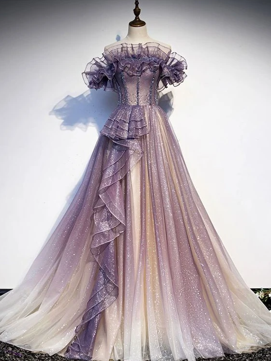Purple Tulle Sequin Long Prom Dress Purple Evening Dress,pl2429