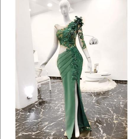 Long Sleeve Green Evening Dresses Mermaid Lace Applique Modest Elegant Beaded Evening Gown Vestido De Longo 2021,pl2463