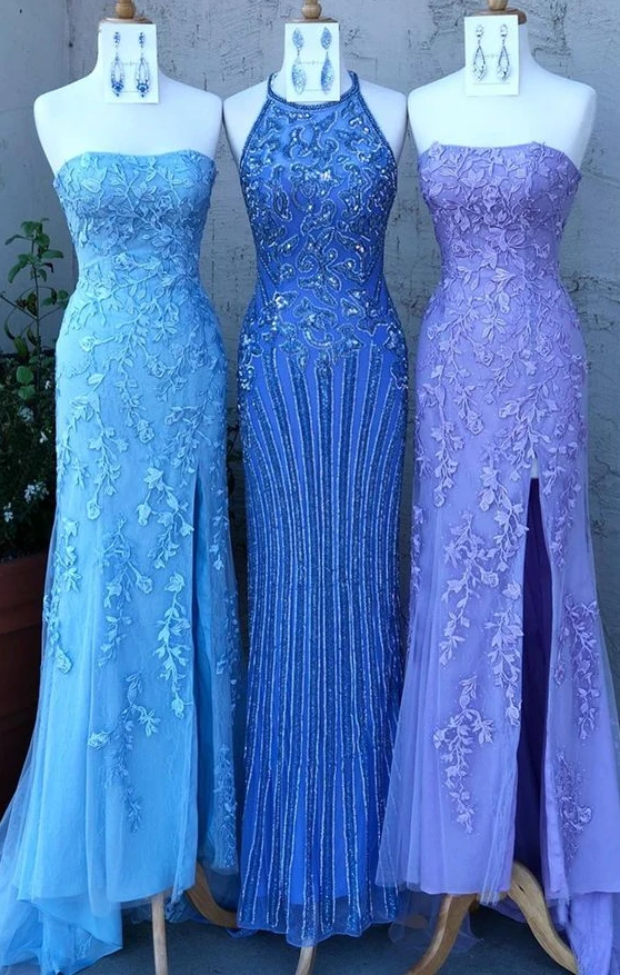 Mermaid Long Prom Dresses, Blue Lace Prom Dresses, Formal Evening Party Dresses,pl2476