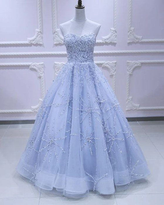 Sweetheart Neck Light Blue Tulle Sequins Long Evening Dress, Long Prom Dress,pl2477