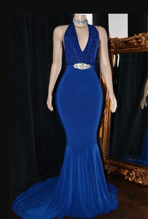 V-neck Blue Sequins Prom Dresses | Elegant Crystal Backless Evening Dress,pl2478
