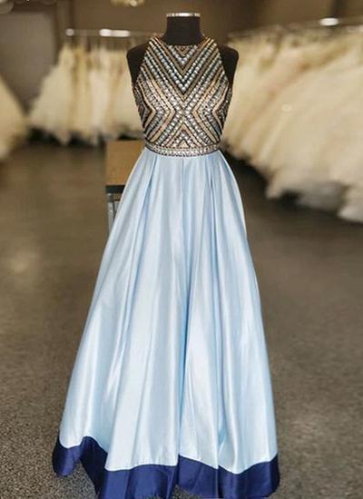 Baby Blue Satin Beaded Long A Line Prom Dress, Evening Dress,pl2481