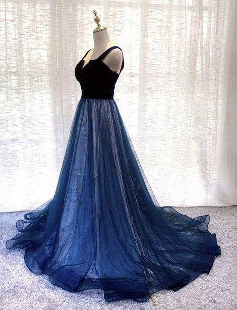 Blue Velvet Tulle Long Prom Gown Formal Dress,pl2489