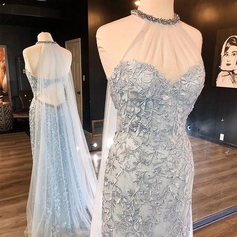 Mermaid Light Blue Lace Long Dress With Shawl,pl2490