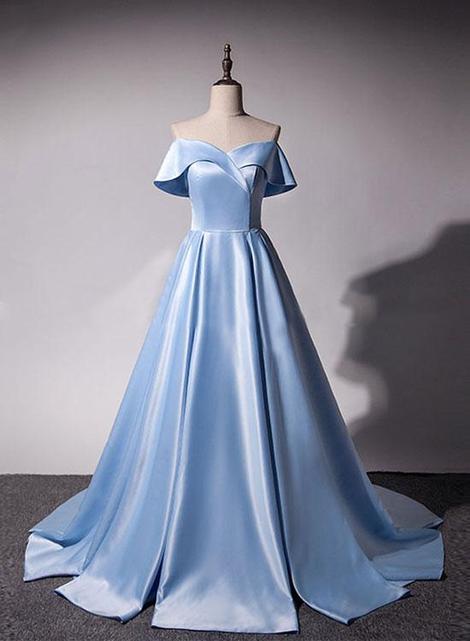 Blue V Neck Satin Long Prom Dress, Blue Evening Dress,pl2492