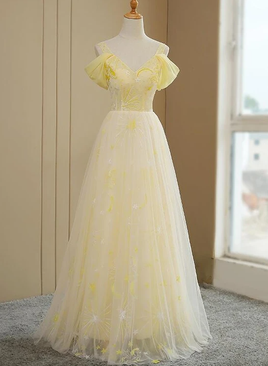 Beautiful Light Yellow Tulle Off Shoulder Evening Dress, Fashion Long Prom Dress,pl2501