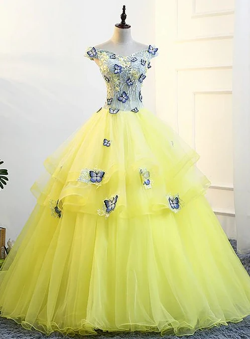 Yellow Tulle Off The Shoulder Butterfly Appliques Quinceanera Prom Dresses,pl24502