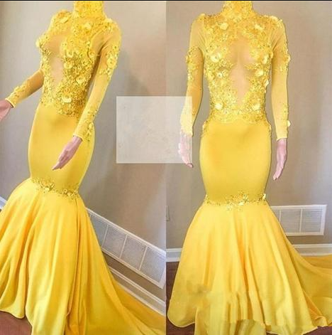 Yellow Prom Dresses Long Sleeve Mermaid High Neck Vintage African Evening Gown See Through Keyhole,pl2504