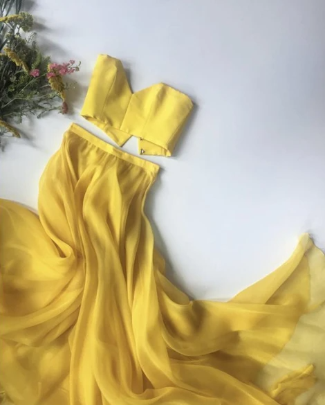 Bright Yellow Strapless Crop Top Two Pieces Long Prom Dresses Party Dresses,pl2505