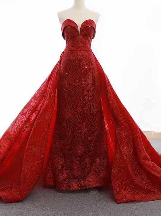 Sparkly Sequins Red Sweetheart Sheath Formal Gown Overskirt Pageant Dresses,pl2509