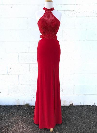 Red Lace High Neck Open Back Long Side Slit Evening Dress, Lace Prom Dress,pl2512