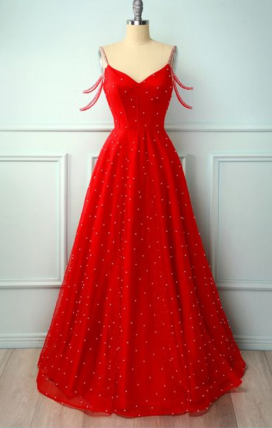 Red A Line Spaghetti Straps Beaded Long Prom Party Dress,pl2513