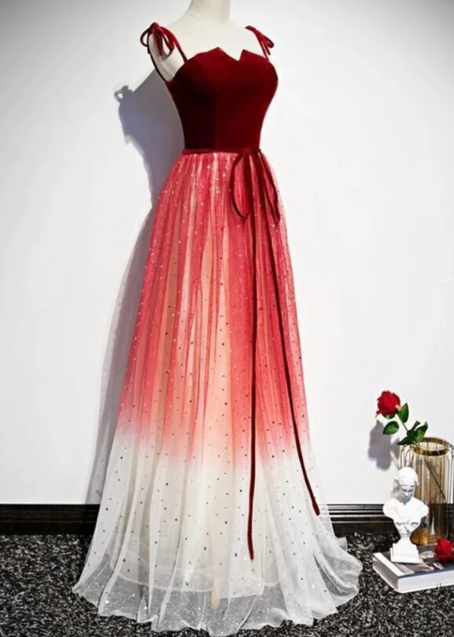 Pretty Red Tulle With Sequins Long Party Gown, Beautiful Red Formal Dress,pl2521
