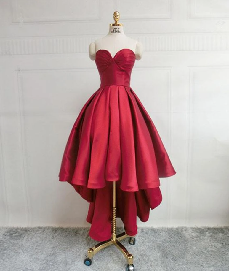 High Low Sweetheart Neck Strapless Backless Satin Red Prom Dresses, Red Graduation Dresses, Red Backless Formal Evening Dresses,pl2522