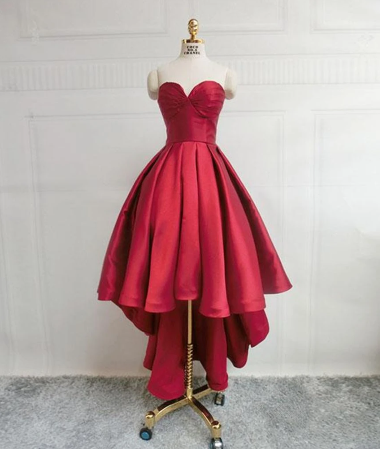 High Low Sweetheart Neck Strapless Backless Satin Red Prom Dresses, Red