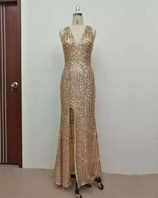 Gorgeous Mermaid V Neck Gold Sequins Prom Dress with Beading AB26010601 main image 0