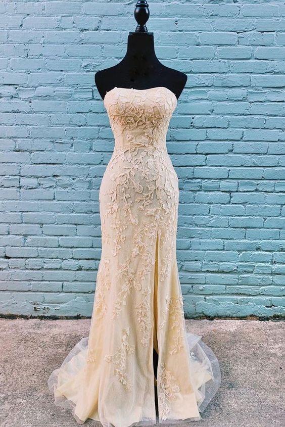 Classy Gold Lace Appliques Long Strapless Prom Dress With Side Slit,pl2544