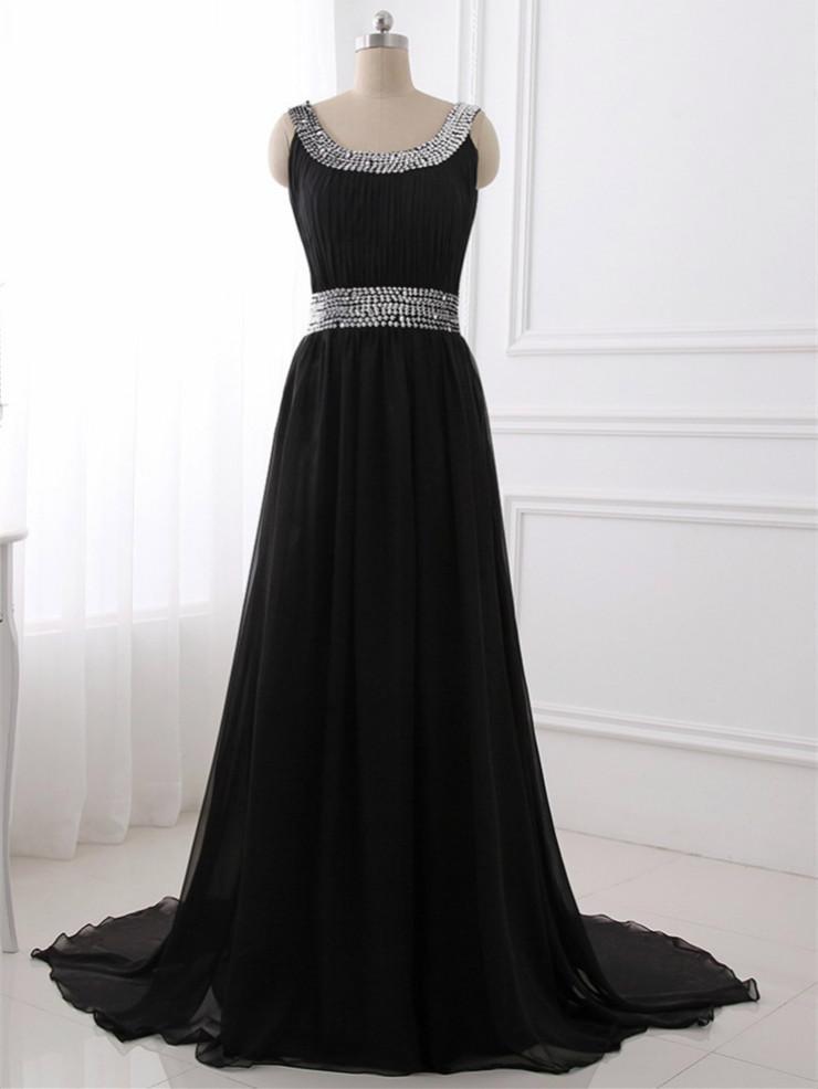 A-line Scoop-neck Sweep Train Tulle Black Prom Dresses With Sequins,pl2550
